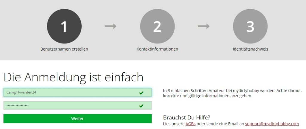 camgirl-werden24.com Anmeldung bei MYdirtyhobby. Schritt 1 Pseudonym und Passwort